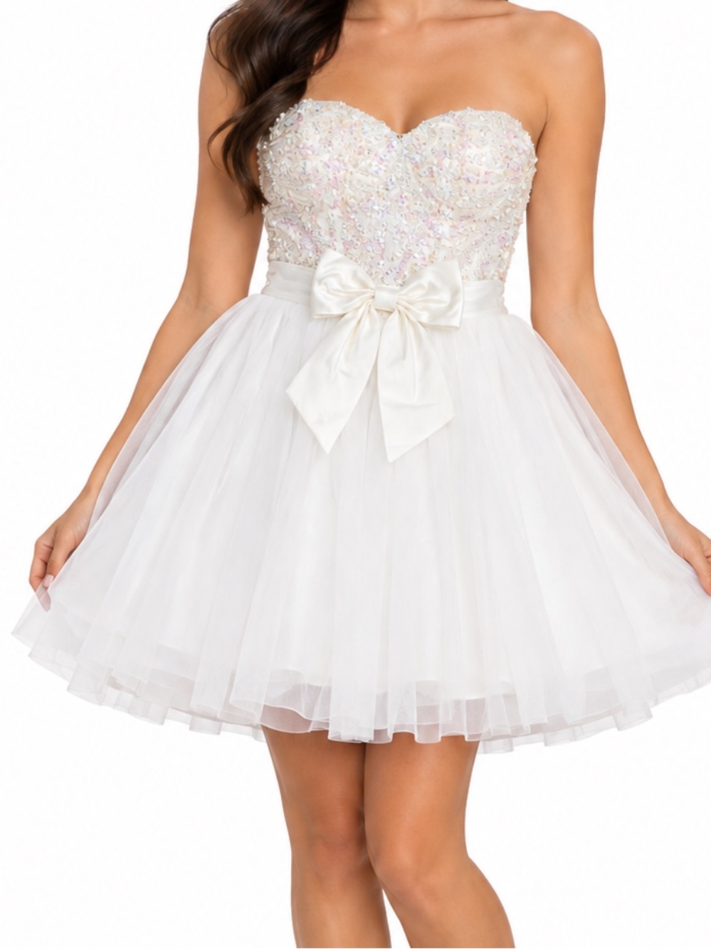 DEB Sequins Strapless Sweetheart Neck Bow Mini Tulle Fluffy Formal Dance Dress